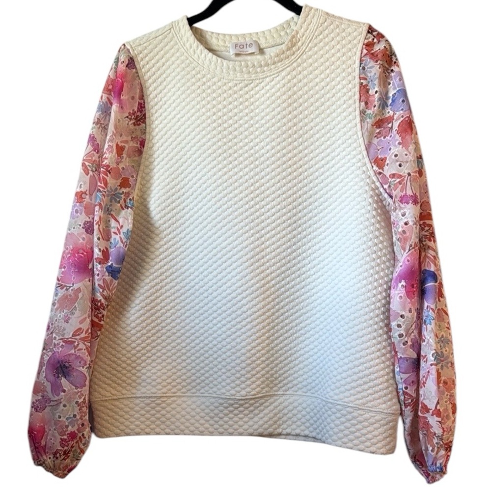 ☀️ Fate Textured Sweatshirt with Eyelet Floral Sleeves
